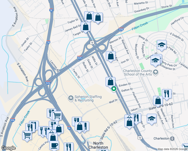 map of restaurants, bars, coffee shops, grocery stores, and more near 5061 Delta Street in North Charleston