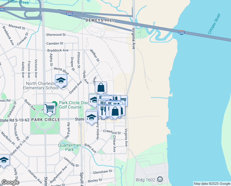 map of restaurants, bars, coffee shops, grocery stores, and more near 4920 O'Hear Avenue in North Charleston