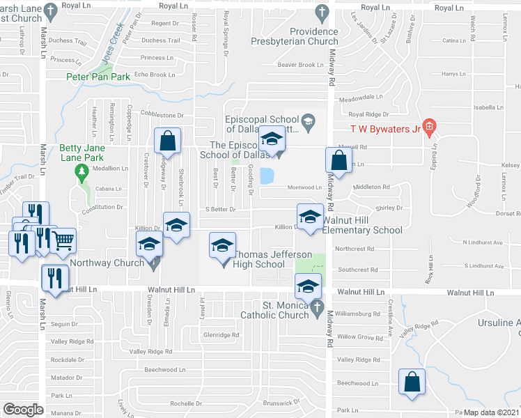 map of restaurants, bars, coffee shops, grocery stores, and more near 4059 South Better Drive in Dallas