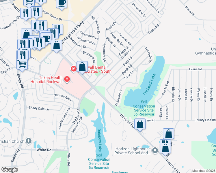 map of restaurants, bars, coffee shops, grocery stores, and more near 130 Perch Road in Rockwall