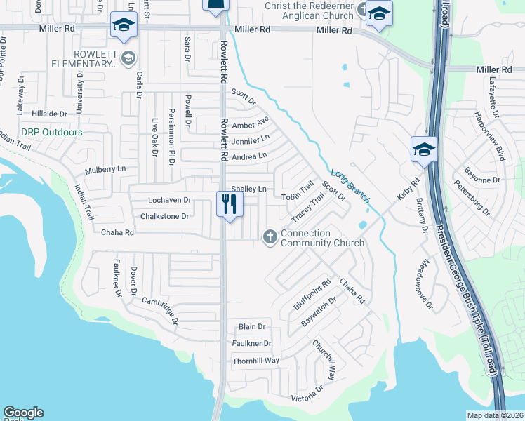 map of restaurants, bars, coffee shops, grocery stores, and more near 2406 Brownlee Boulevard in Rowlett