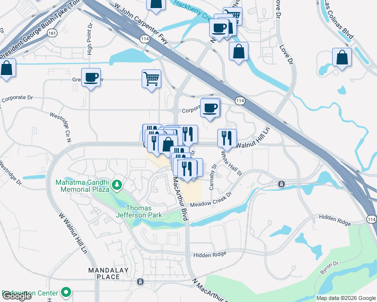 map of restaurants, bars, coffee shops, grocery stores, and more near 1000 West Walnut Hill Lane in Irving