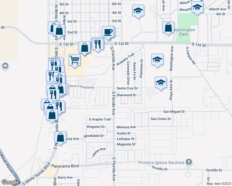 map of restaurants, bars, coffee shops, grocery stores, and more near 800 Sherwood Drive in Alamogordo