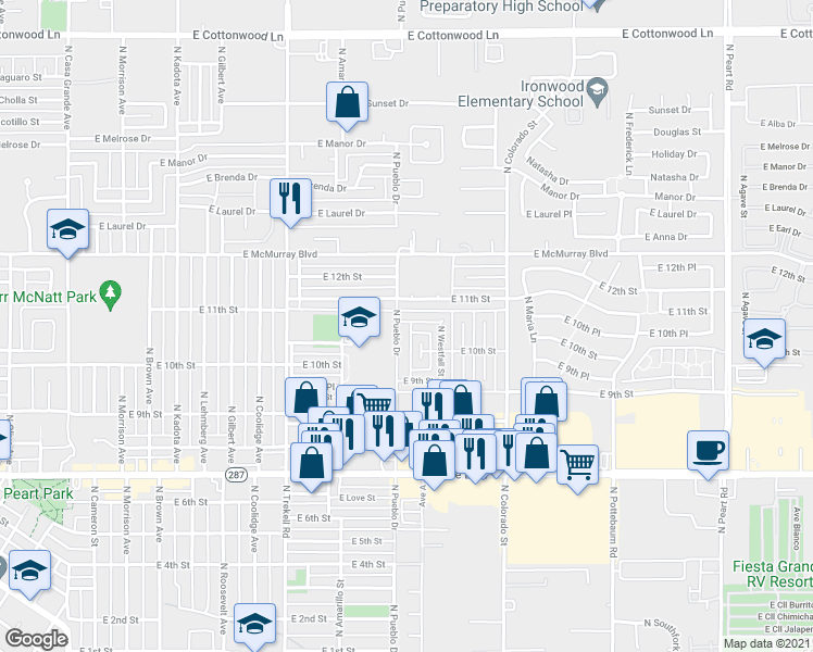 map of restaurants, bars, coffee shops, grocery stores, and more near 1213 East 11th Place in Casa Grande