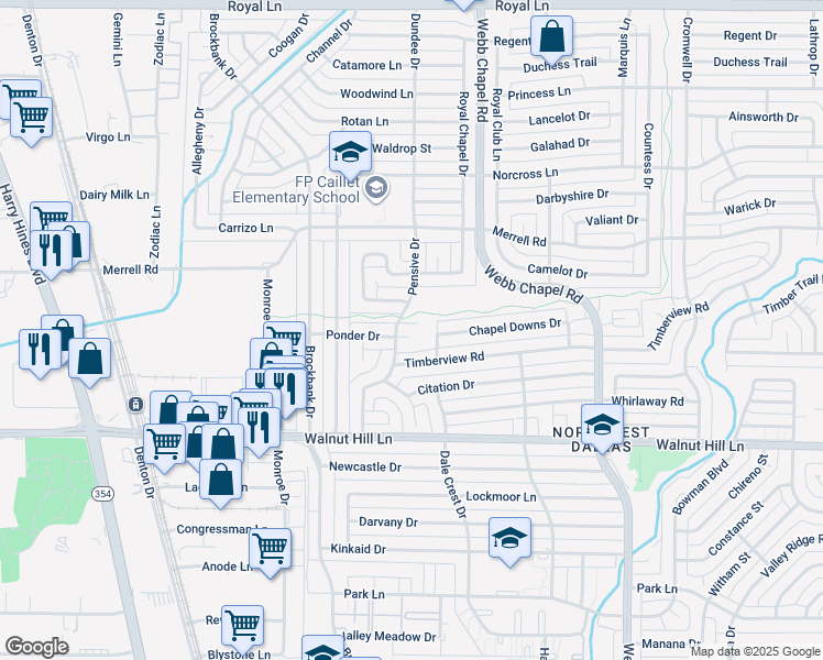 map of restaurants, bars, coffee shops, grocery stores, and more near 3121 Ponder Drive in Dallas