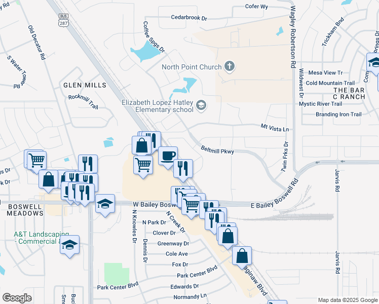 map of restaurants, bars, coffee shops, grocery stores, and more near 9210 North Saginaw Boulevard in Fort Worth
