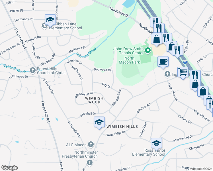 map of restaurants, bars, coffee shops, grocery stores, and more near 742 Gay Drive in Macon