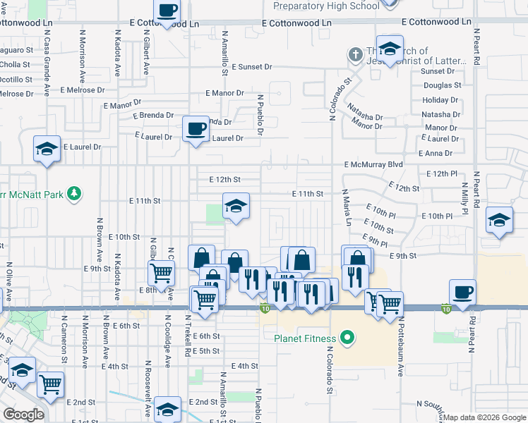 map of restaurants, bars, coffee shops, grocery stores, and more near 1213 East 11th Place in Casa Grande