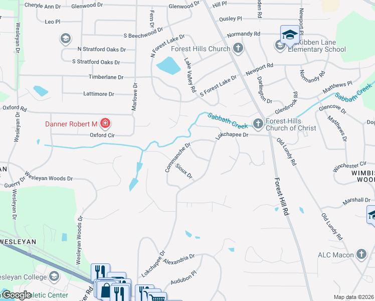 map of restaurants, bars, coffee shops, grocery stores, and more near 580 Commanche Place in Macon