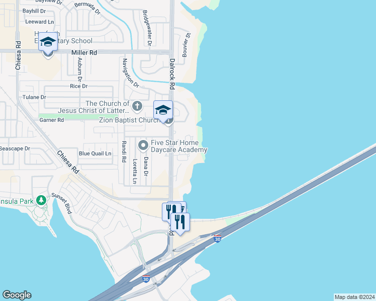 map of restaurants, bars, coffee shops, grocery stores, and more near 2301 Southbay Circle in Rowlett