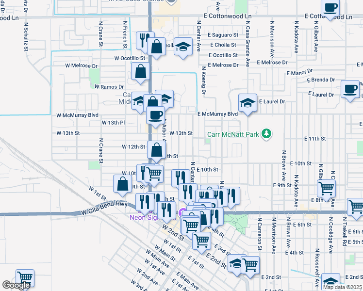 map of restaurants, bars, coffee shops, grocery stores, and more near 1200 North Park Avenue in Casa Grande