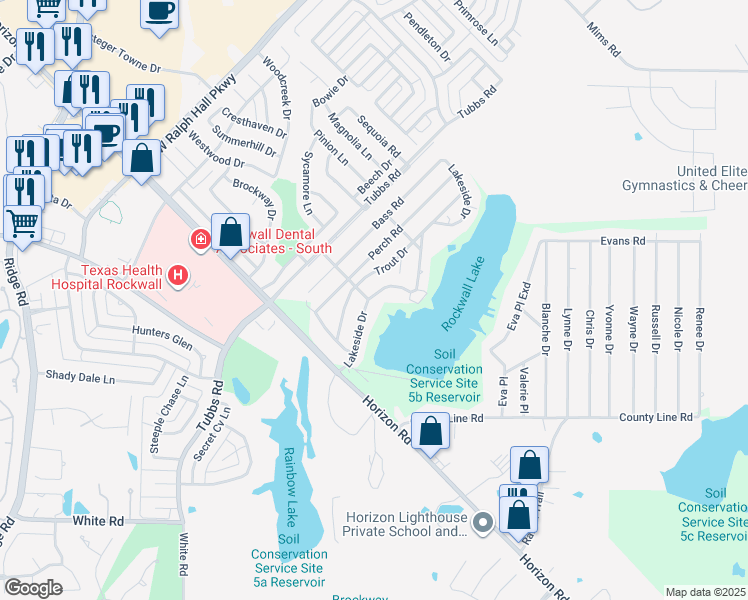 map of restaurants, bars, coffee shops, grocery stores, and more near 315 Lakeside Drive in Rockwall