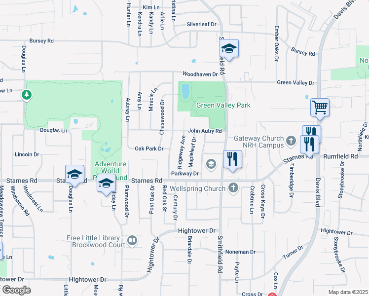 map of restaurants, bars, coffee shops, grocery stores, and more near 7600 Ridgeway Avenue in North Richland Hills