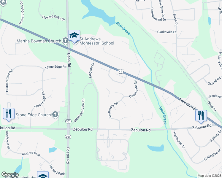 map of restaurants, bars, coffee shops, grocery stores, and more near 336 Dickens Drive in Macon