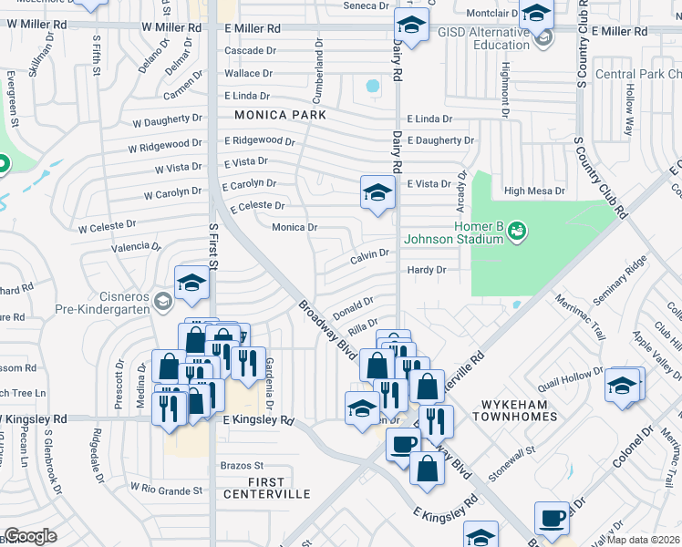 map of restaurants, bars, coffee shops, grocery stores, and more near 506 Calvin Drive in Garland