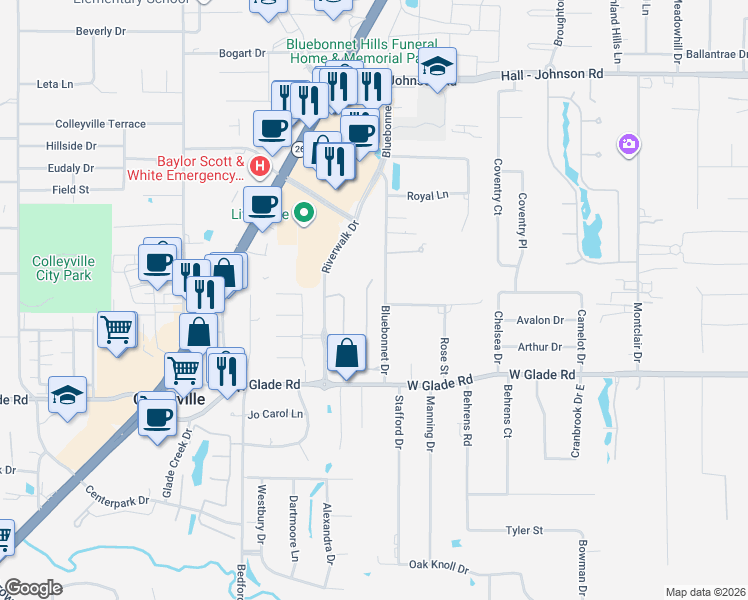 map of restaurants, bars, coffee shops, grocery stores, and more near 5121 Preservation Avenue in Colleyville