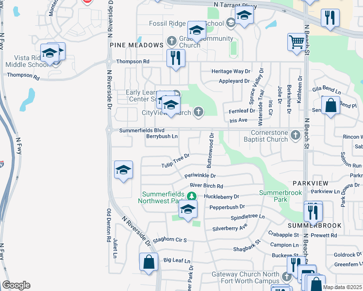 map of restaurants, bars, coffee shops, grocery stores, and more near 7916 Fox Chase Drive in Fort Worth