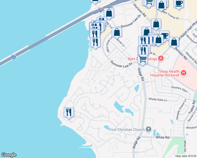 map of restaurants, bars, coffee shops, grocery stores, and more near 110 Mischief Lane in Rockwall