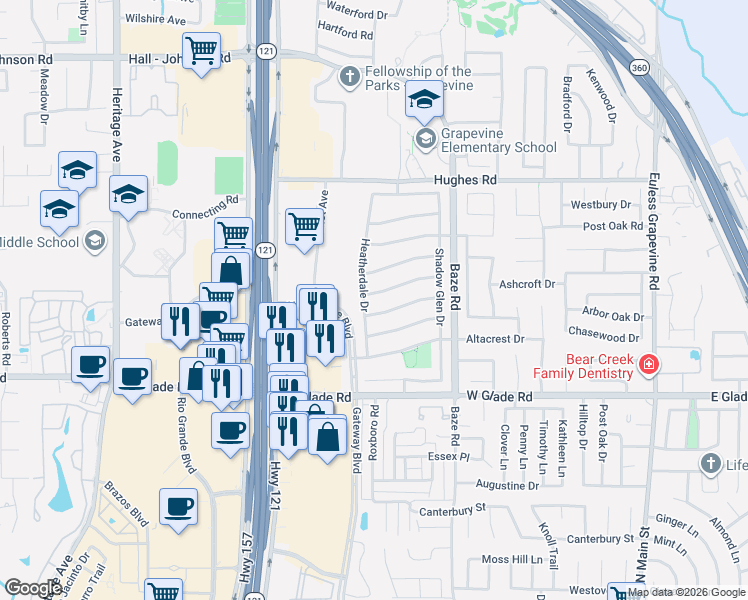 map of restaurants, bars, coffee shops, grocery stores, and more near 5222 Heatherdale Drive in Grapevine