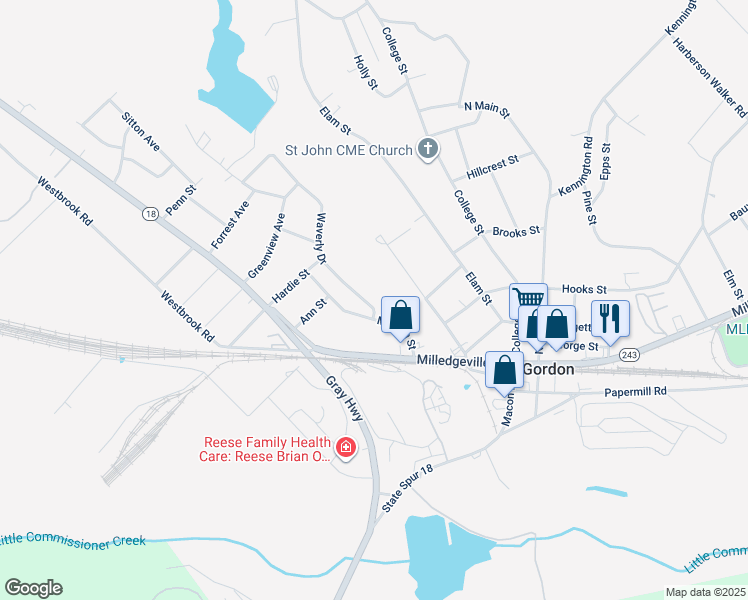 map of restaurants, bars, coffee shops, grocery stores, and more near 100 Waverly Drive in Gordon