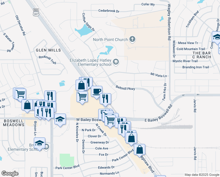 map of restaurants, bars, coffee shops, grocery stores, and more near 1551 Beltmill Parkway in Saginaw