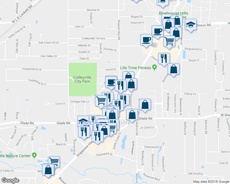 map of restaurants, bars, coffee shops, grocery stores, and more near 46 Piazza Lane in Colleyville