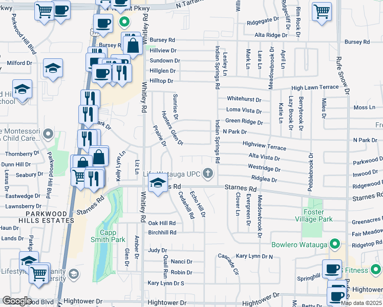 map of restaurants, bars, coffee shops, grocery stores, and more near 6205 Courtside Drive in Watauga