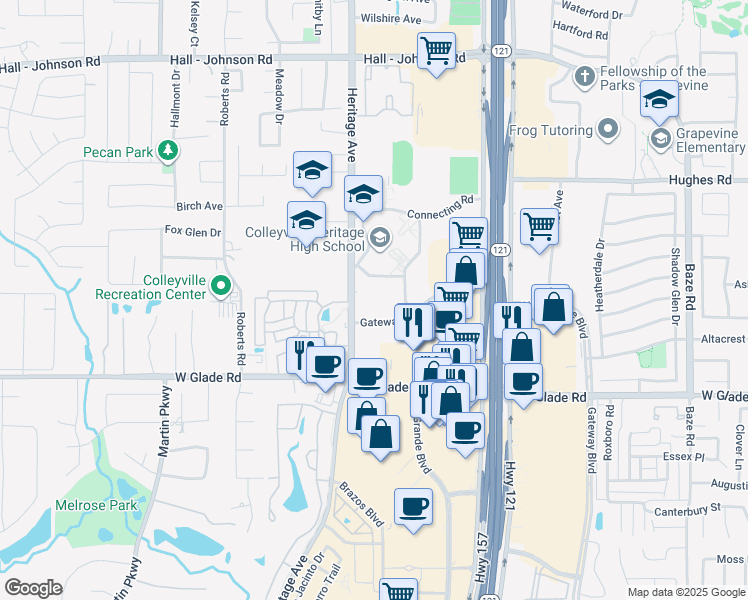 map of restaurants, bars, coffee shops, grocery stores, and more near 5205 Heritage Avenue in Colleyville