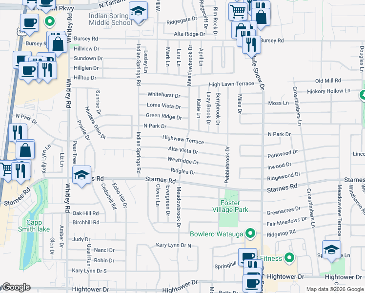 map of restaurants, bars, coffee shops, grocery stores, and more near 6465 Alta Vista Drive in Watauga