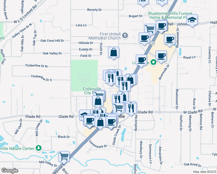map of restaurants, bars, coffee shops, grocery stores, and more near 88 Village Lane in Colleyville
