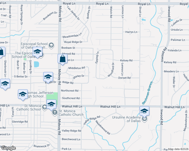 map of restaurants, bars, coffee shops, grocery stores, and more near 10215 Epping Lane in Dallas