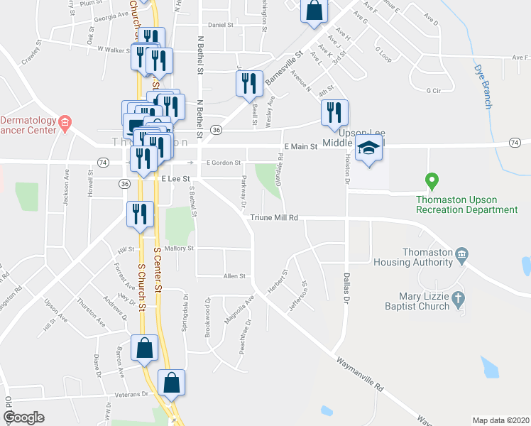 map of restaurants, bars, coffee shops, grocery stores, and more near 111 Triune Mill Road in Thomaston