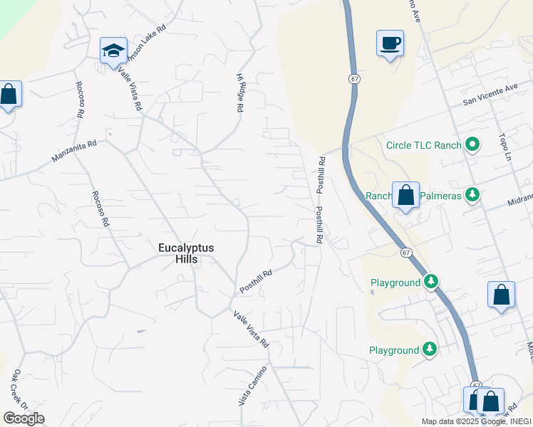 map of restaurants, bars, coffee shops, grocery stores, and more near 11367 Valle Vista Road in Lakeside