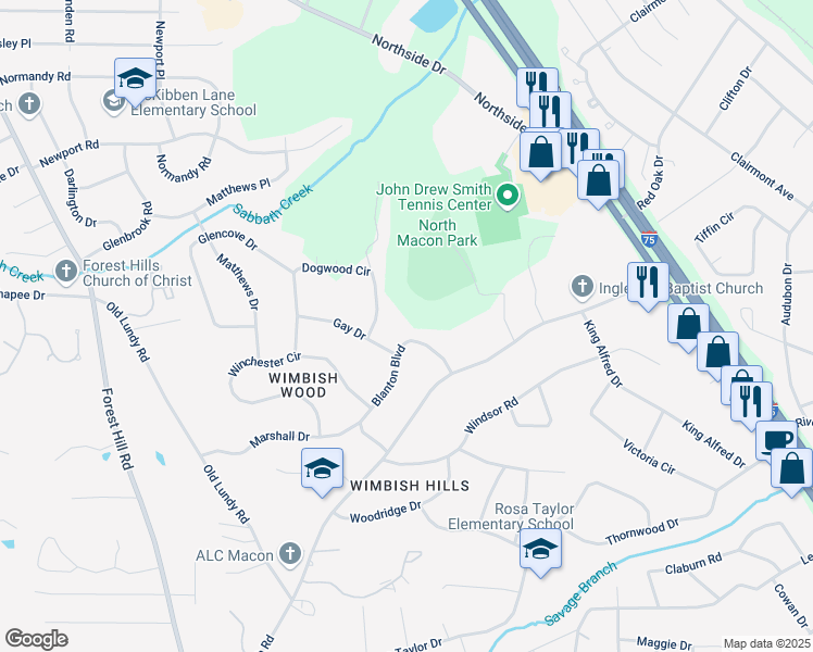 map of restaurants, bars, coffee shops, grocery stores, and more near 766 Blanton Blvd in Macon