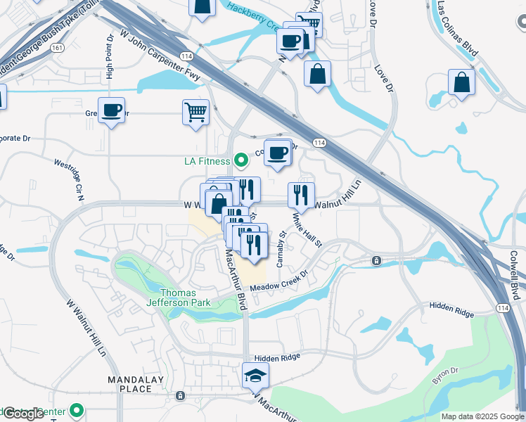 map of restaurants, bars, coffee shops, grocery stores, and more near 950 West Walnut Hill Lane in Irving