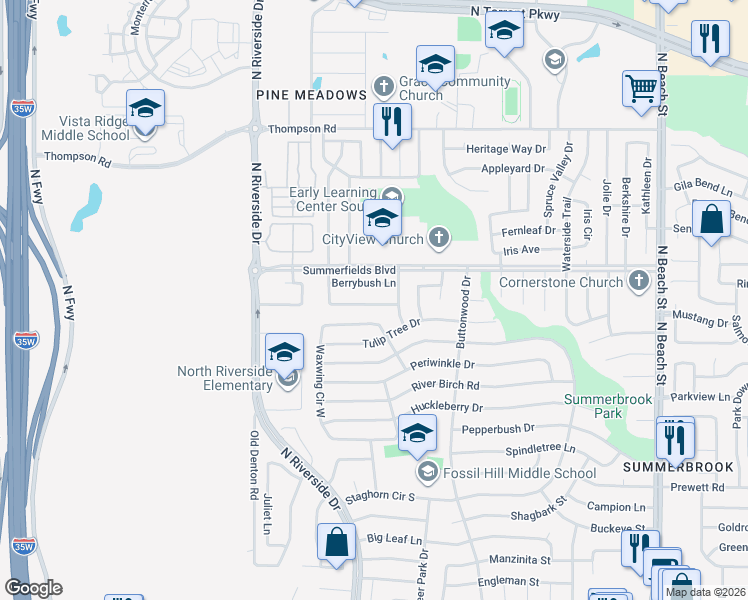 map of restaurants, bars, coffee shops, grocery stores, and more near 3913 Cannonwood Drive in Fort Worth