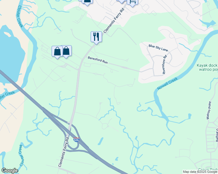 map of restaurants, bars, coffee shops, grocery stores, and more near 2637 Clements Ferry Road in Charleston