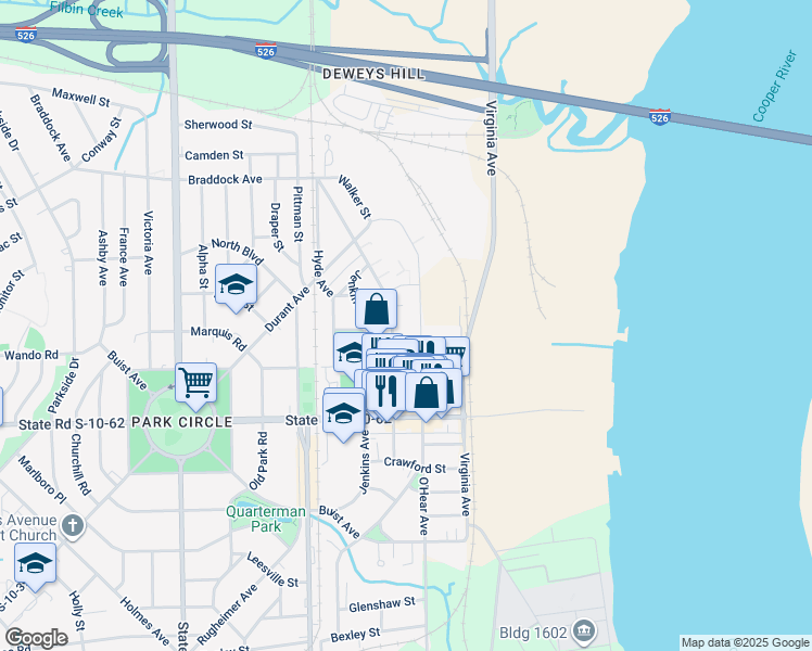 map of restaurants, bars, coffee shops, grocery stores, and more near 4951 Chateau Avenue in North Charleston