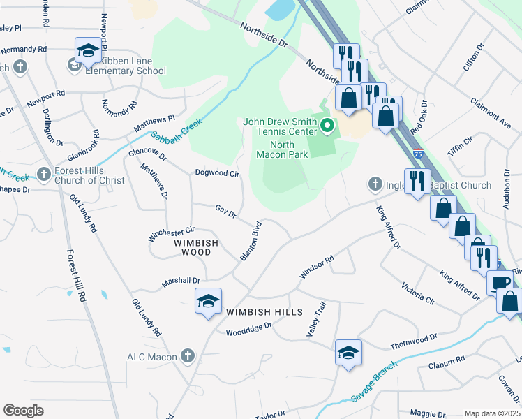 map of restaurants, bars, coffee shops, grocery stores, and more near 766 Blanton Boulevard in Macon