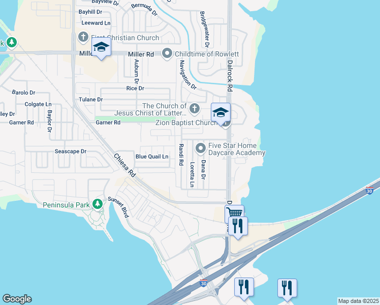 map of restaurants, bars, coffee shops, grocery stores, and more near 2302 Randi Road in Rowlett
