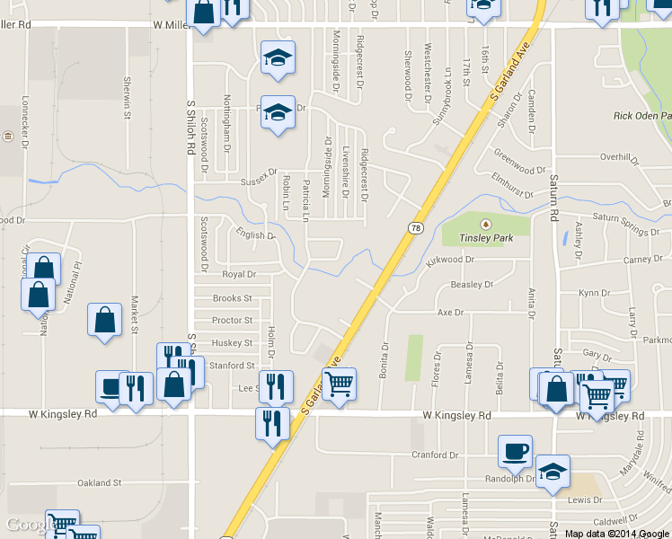 map of restaurants, bars, coffee shops, grocery stores, and more near 2124 Stonehenge Drive in Garland