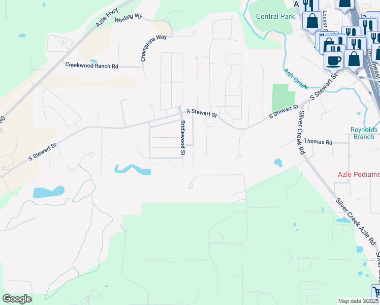 map of restaurants, bars, coffee shops, grocery stores, and more near 173 Bridlewood Street in Azle