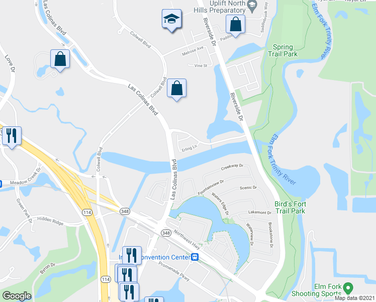 map of restaurants, bars, coffee shops, grocery stores, and more near 132 Erling Lane in Irving