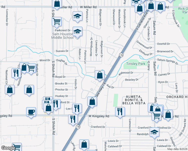 map of restaurants, bars, coffee shops, grocery stores, and more near 2124 Stonehenge Drive in Garland