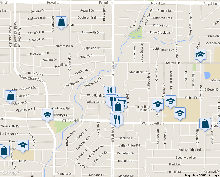 map of restaurants, bars, coffee shops, grocery stores, and more near 10141 Marsh Lane in Dallas