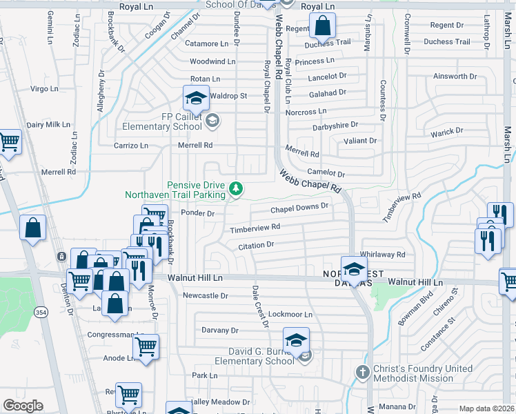 map of restaurants, bars, coffee shops, grocery stores, and more near 3115 Chapel Downs Drive in Dallas