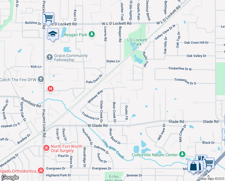 map of restaurants, bars, coffee shops, grocery stores, and more near 3419 Bear Creek Drive in Hurst