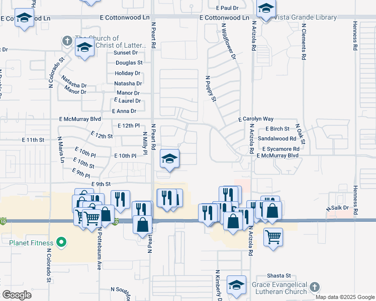 map of restaurants, bars, coffee shops, grocery stores, and more near 1564 East Eagle Court in Casa Grande