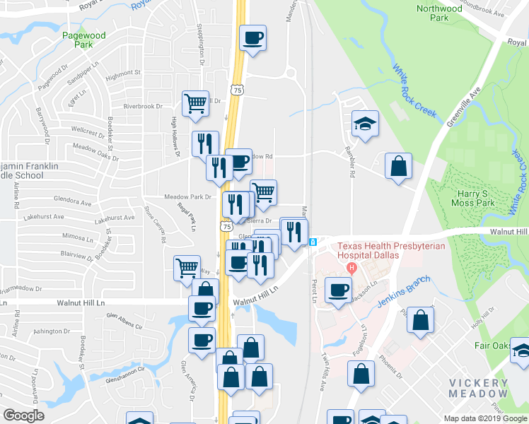 map of restaurants, bars, coffee shops, grocery stores, and more near 5445 La Sierra Drive in Dallas