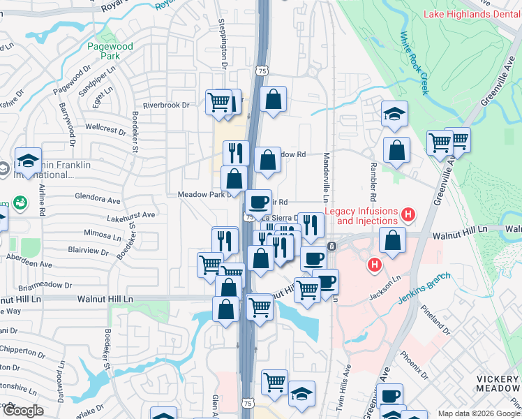 map of restaurants, bars, coffee shops, grocery stores, and more near 10010 North Central Expressway in Dallas